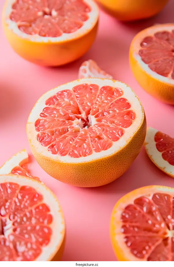 Pink Background With Fresh Grapefruit Halves