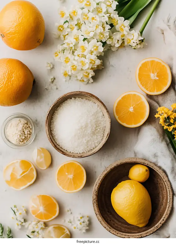 White Sugar and Lemon Slices  Ingredients for Lemon Sugar Scrub