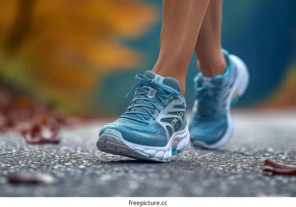 Close-up of woman's feet in blue running shoes walking on asphalt road