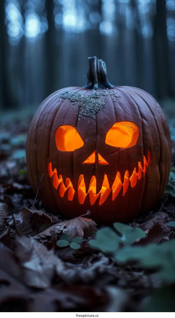A spooky pumpkin lantern in the woods