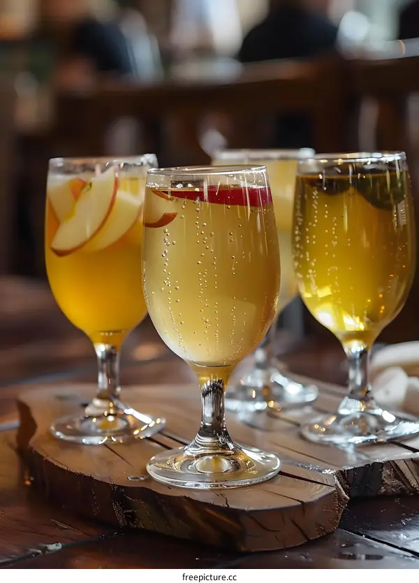 Four Glasses of Apple Cider on Wooden Serving Tray