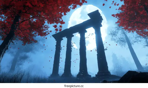 Ancient Ruins Under a Full Moon in a Mystical Forest