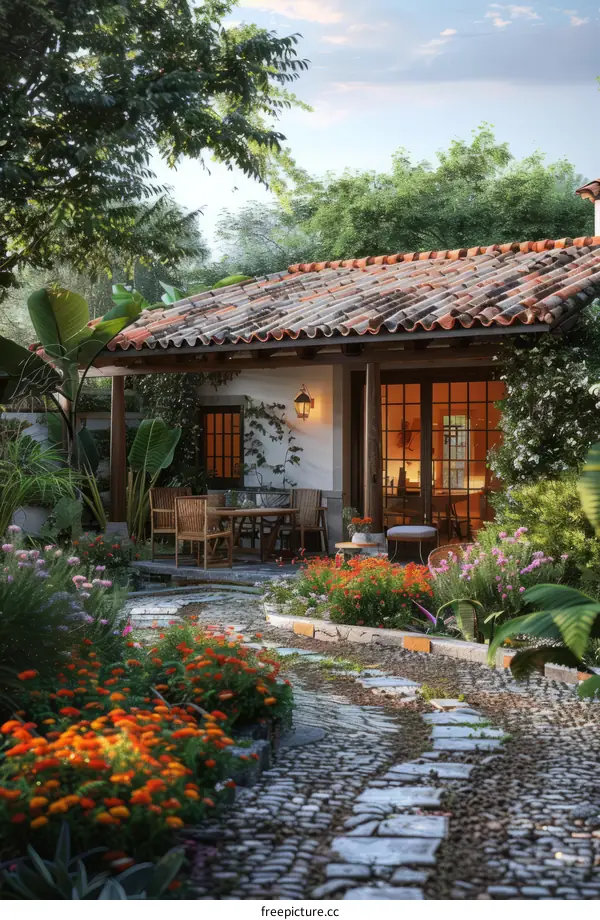 Charming Cottage Garden with Blooming Flowers
