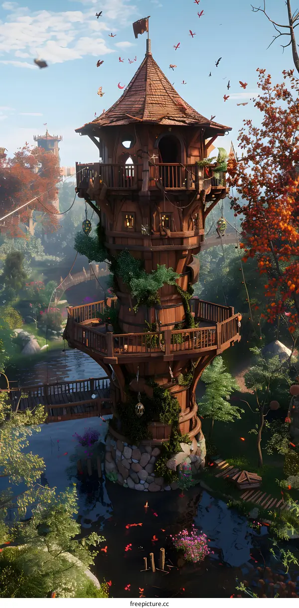 Fantasy Treehouse Tower with Bridges and Koi Pond
