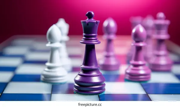 Purple chess pieces on a chessboard with a purple background