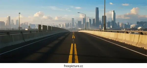 Urban road leading to a modern city skyline with clear sky