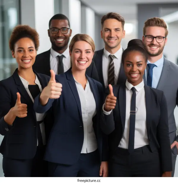 Group of six business professionals giving thumbs up in the office