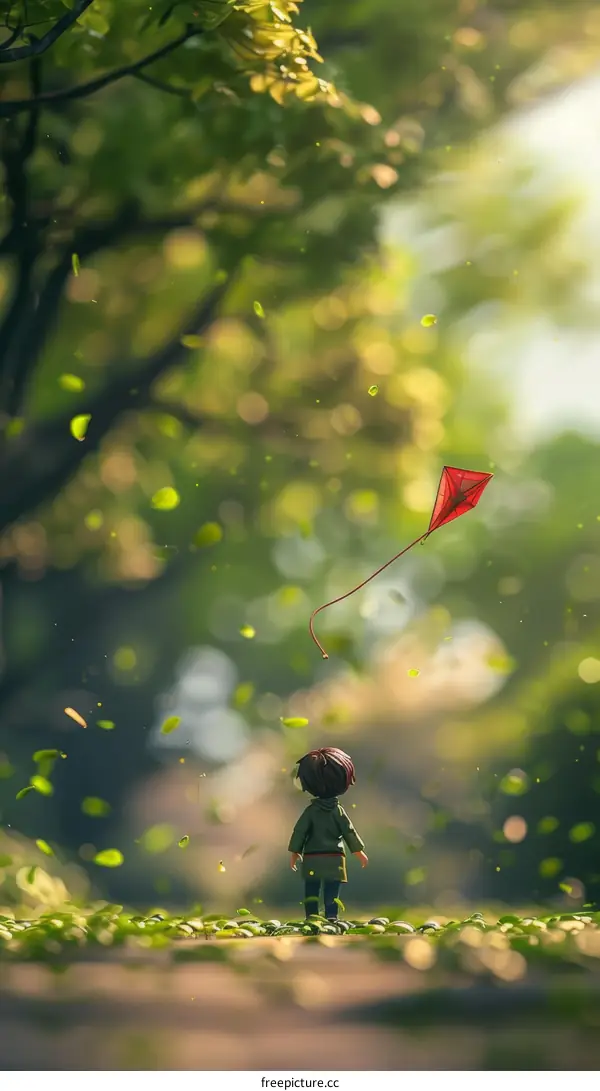 Boy in the Green Field Flying a Red Kite