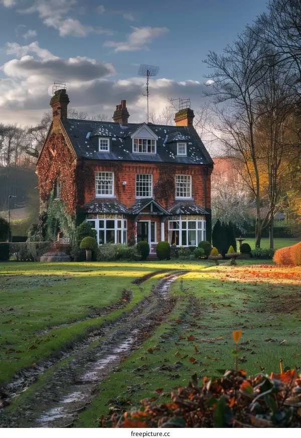 English Country House with Long Driveway in Autumn