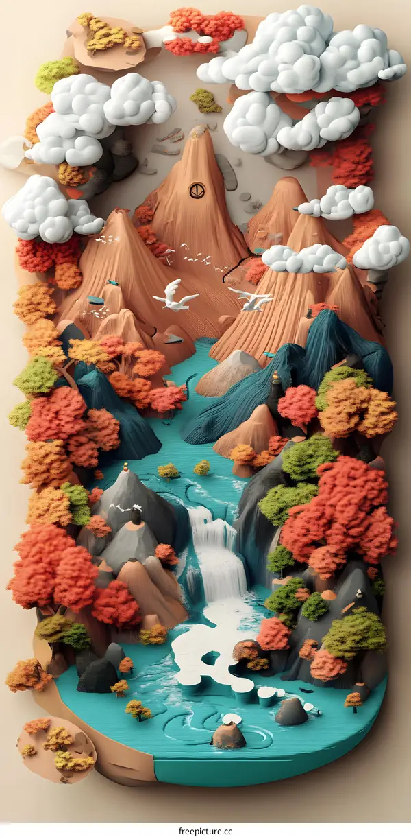 3D Papercraft Illustration of Mountain Landscape with Waterfall
