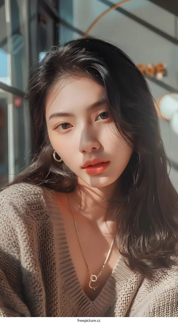 Portrait of a Young Asian Woman with Long Black Hair Wearing a Brown Sweater and a Necklace