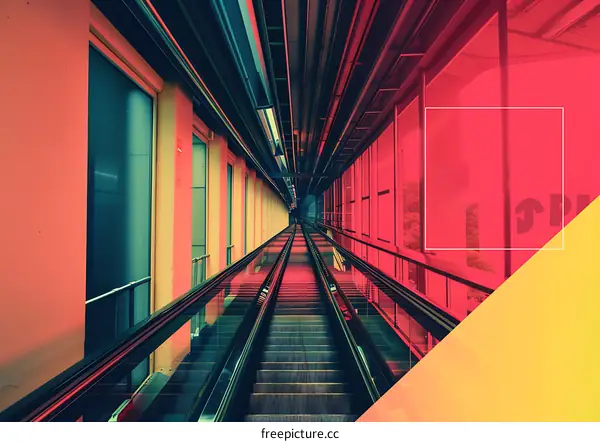 Escalator in Modern Building with Red and Yellow Design