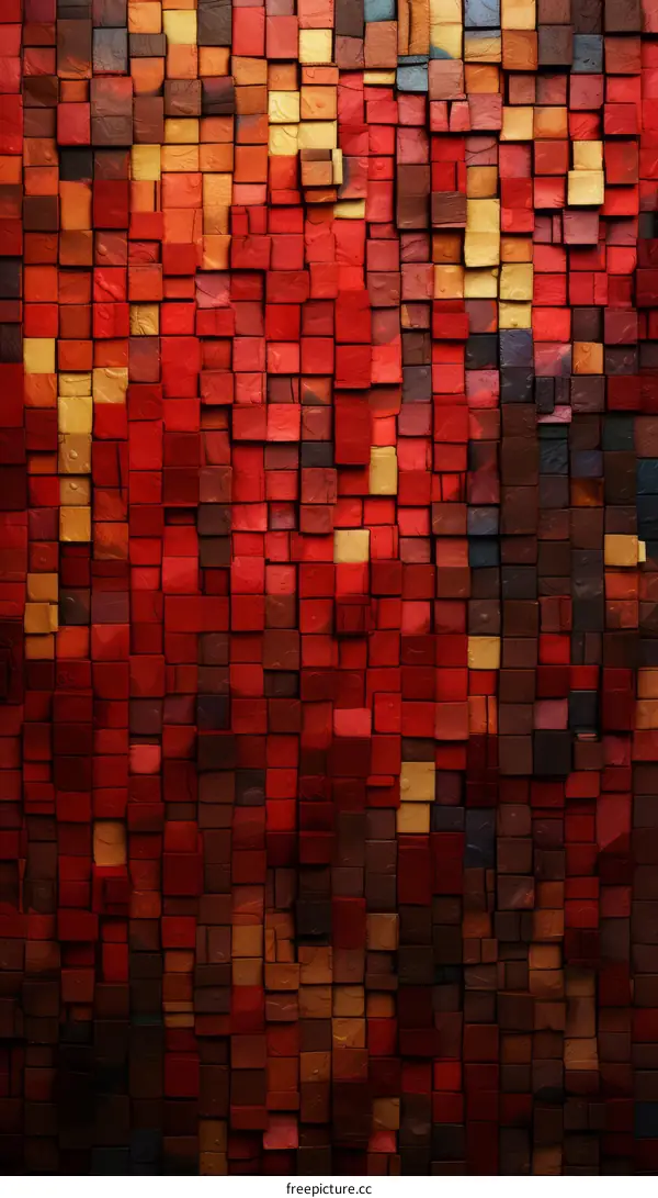 Red and brown mosaic wall tiles in a square pattern