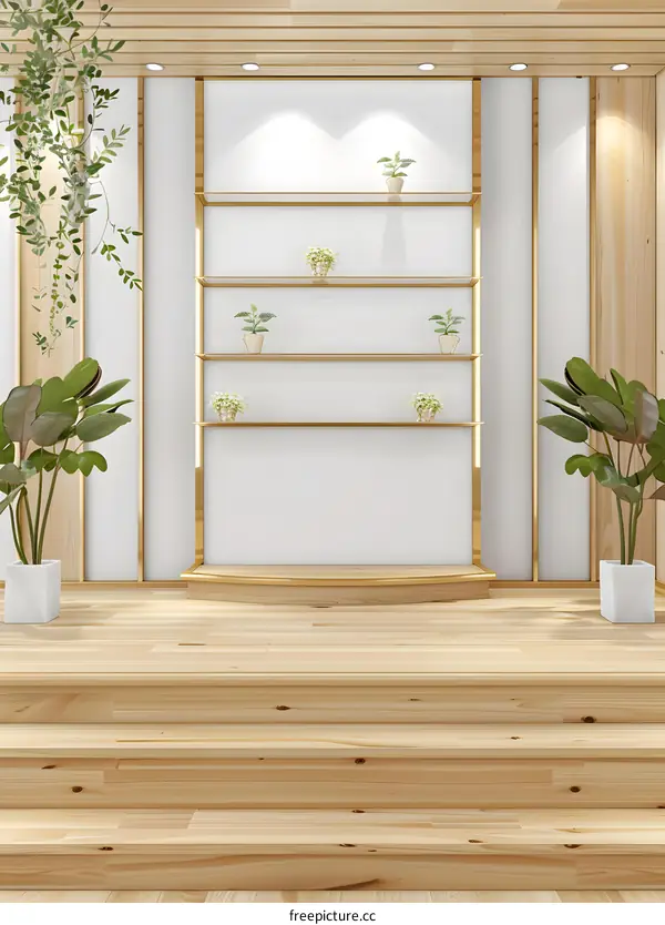 Minimalist Interior Design with Golden Shelves and Wooden Stairs