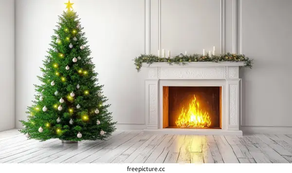Christmas Tree Interior Scene with Fireplace