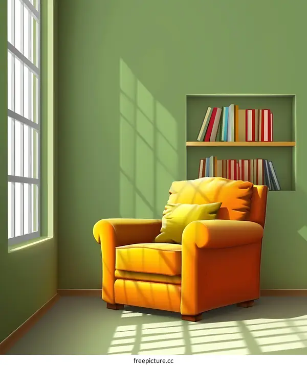 Green Room With Yellow Armchair And Bookshelf