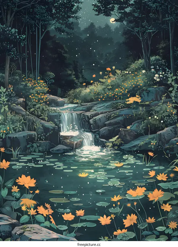 Night Forest Waterfall Landscape Painting