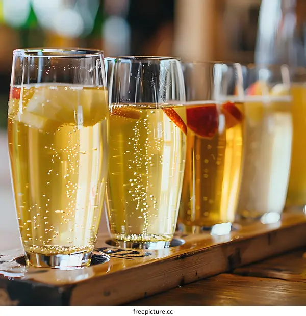 Four Glasses of Sparkling Cider on a Wooden Tray