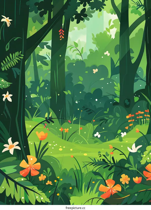 Green Forest With Flowers Illustration