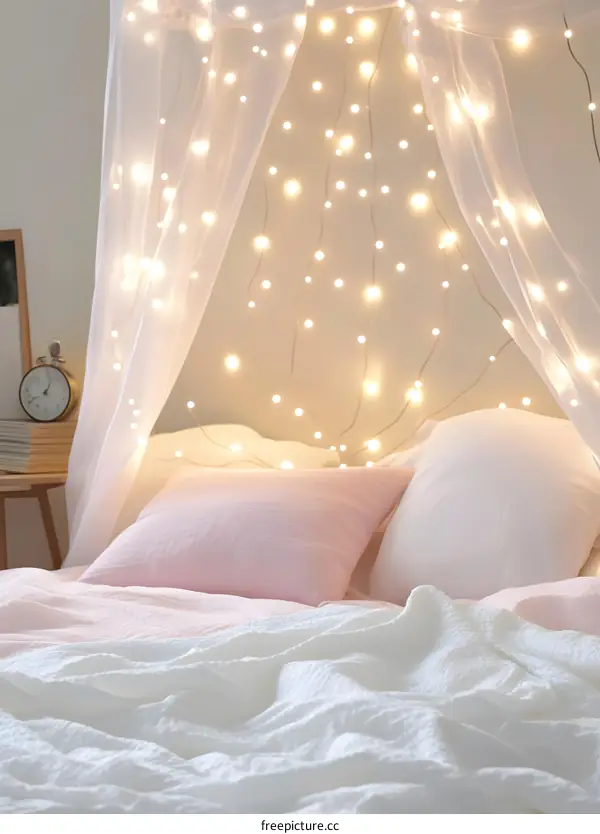 Bedroom Decor with Fairy Lights and Sheer Canopy