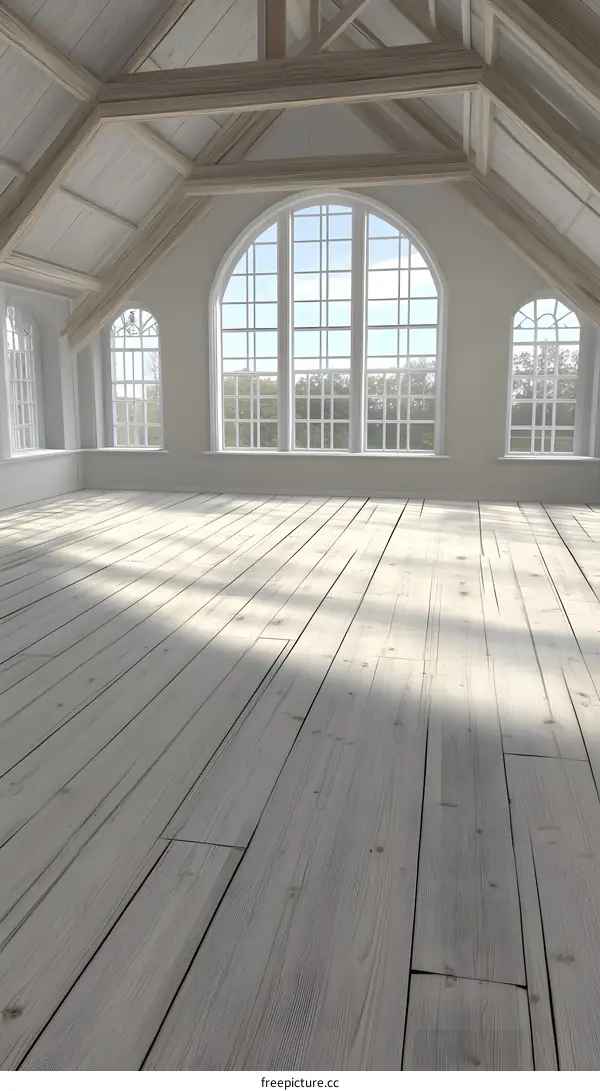 White Wooden Floor with Exposed Beam Ceiling in Empty Room