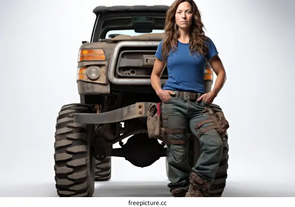 Portrait of a woman standing next to a monster truck