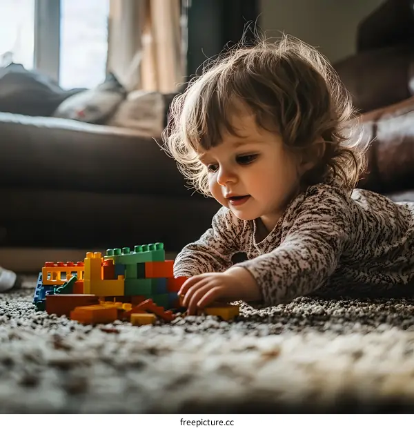 Little Girl Playing With Building Blocks On The Floor