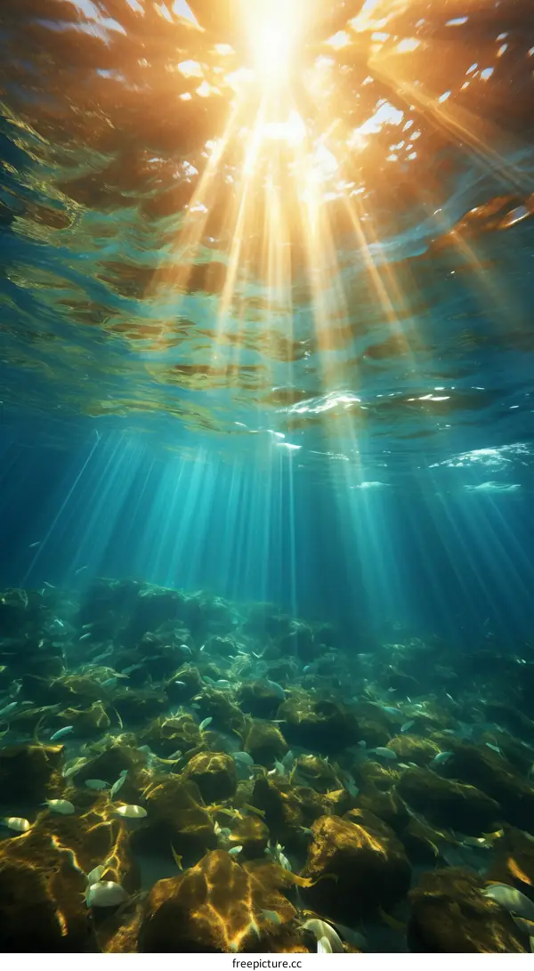 Underwater sunlight shining through the ocean surface