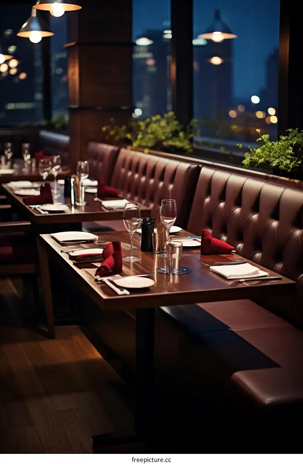 Modern restaurant interior with empty tables and chairs
