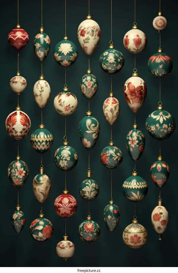 A variety of Christmas ornaments hang from strings against a dark green background