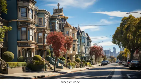 A beautiful residential street with Victorian style homes in San Francisco