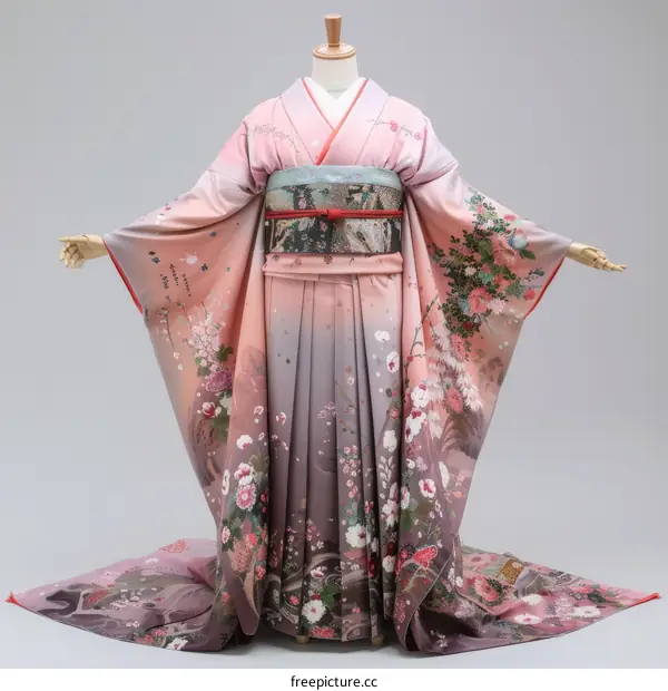 A woman wearing a pink kimono with floral patterns