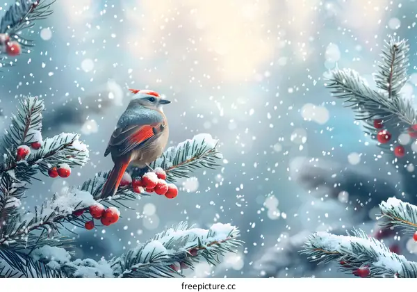 A red bird perched on a snowy branch