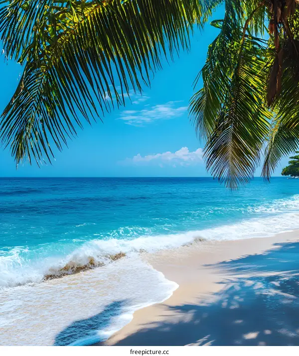 Tropical Beach With Palm Tree Fronds Overlooking Turquoise Water