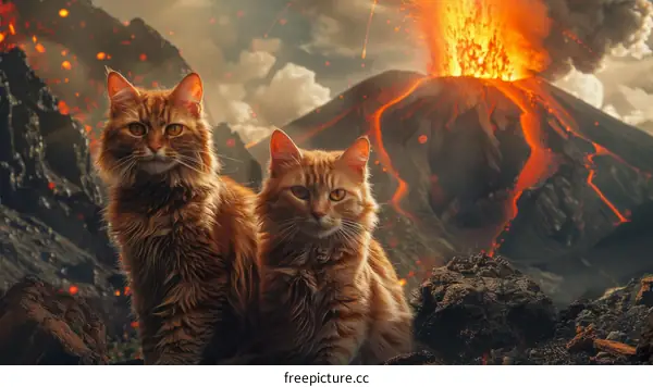 Two cats are sitting in front of a volcano