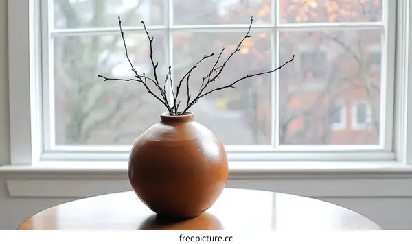 Rustic Terracotta Vase with Twigs by Window