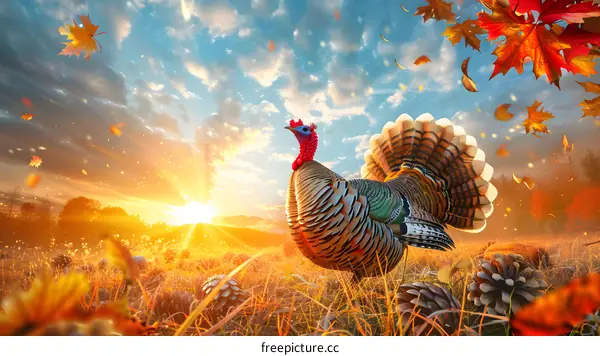A turkey is standing on a golden field with a blue sky, white clouds and falling leaves in the background