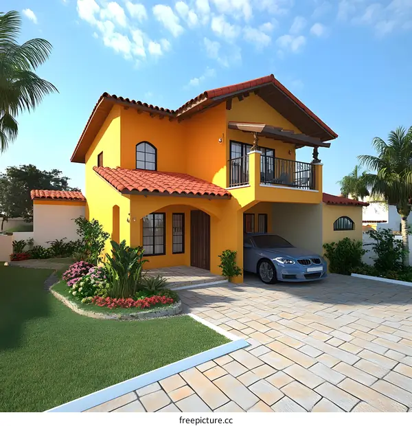 Yellow Two Story House with Red Tile Roof and Palm Trees