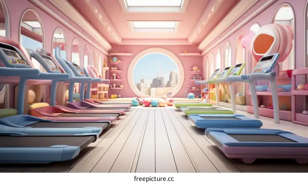Pink and white themed illustration of a gym