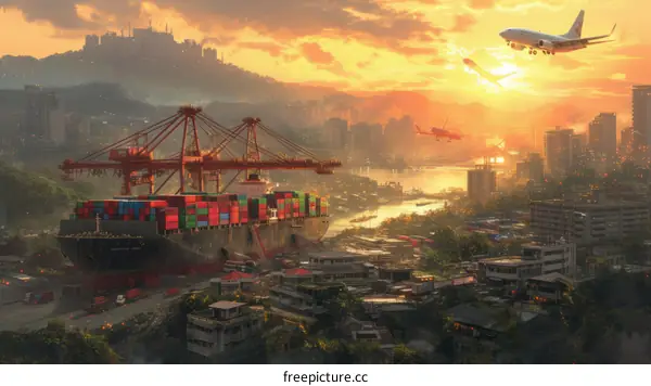 A large container ship is docked at a port with a large city in the background. There are two airplanes taking off from the airport.