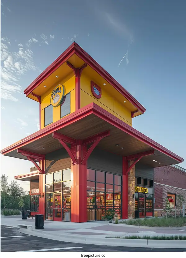 colorful small commercial building with large glass windows