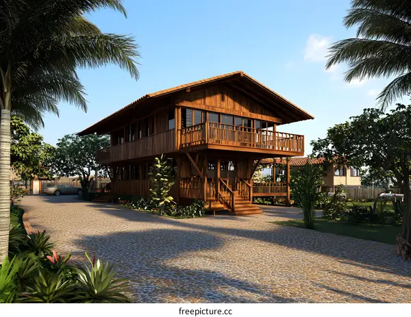 Tropical Wooden House with Palm Trees