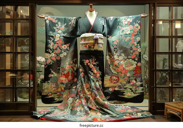 A kimono with a floral pattern displayed in a traditional Japanese room