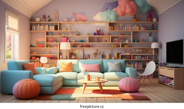 A cozy living room with a large bookshelf and a blue sofa