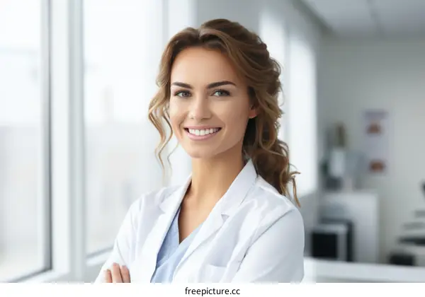 Portrait of a smiling female doctor in a white coat