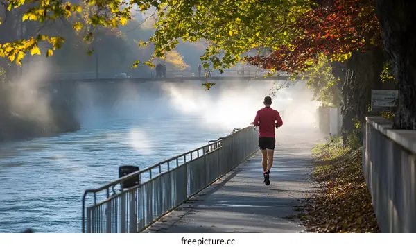 Man Running Along River Path on a Foggy Morning