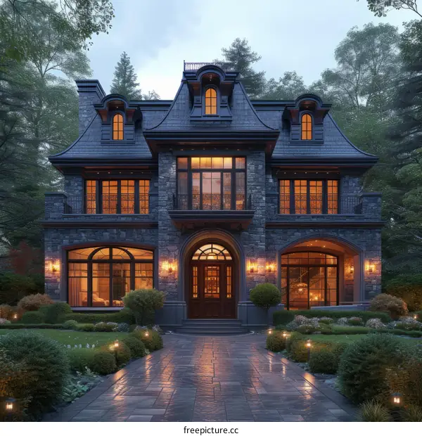 A Magnificent Two-Story Stone Exterior Home with a Slate Roof