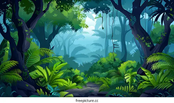 Lush Green Tropical Rainforest Jungle Landscape Illustration