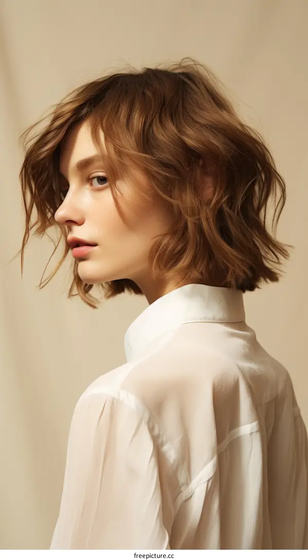 Portrait of a young woman with short brown hair wearing a white shirt