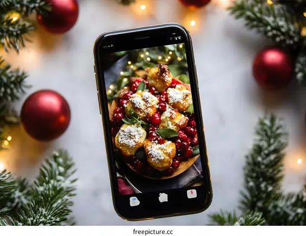 Christmas Food on Smartphone Screen with Garland